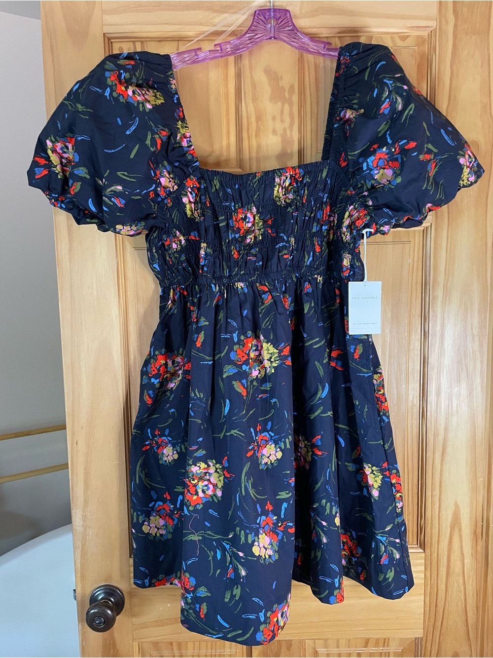 Floral Square-Neck Puff-Sleeve Mini Dress - Navy